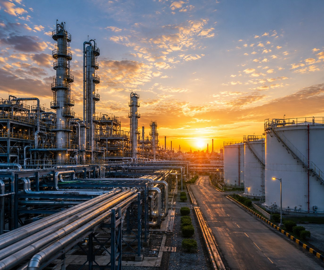 Refinery and storage tanks at sunset