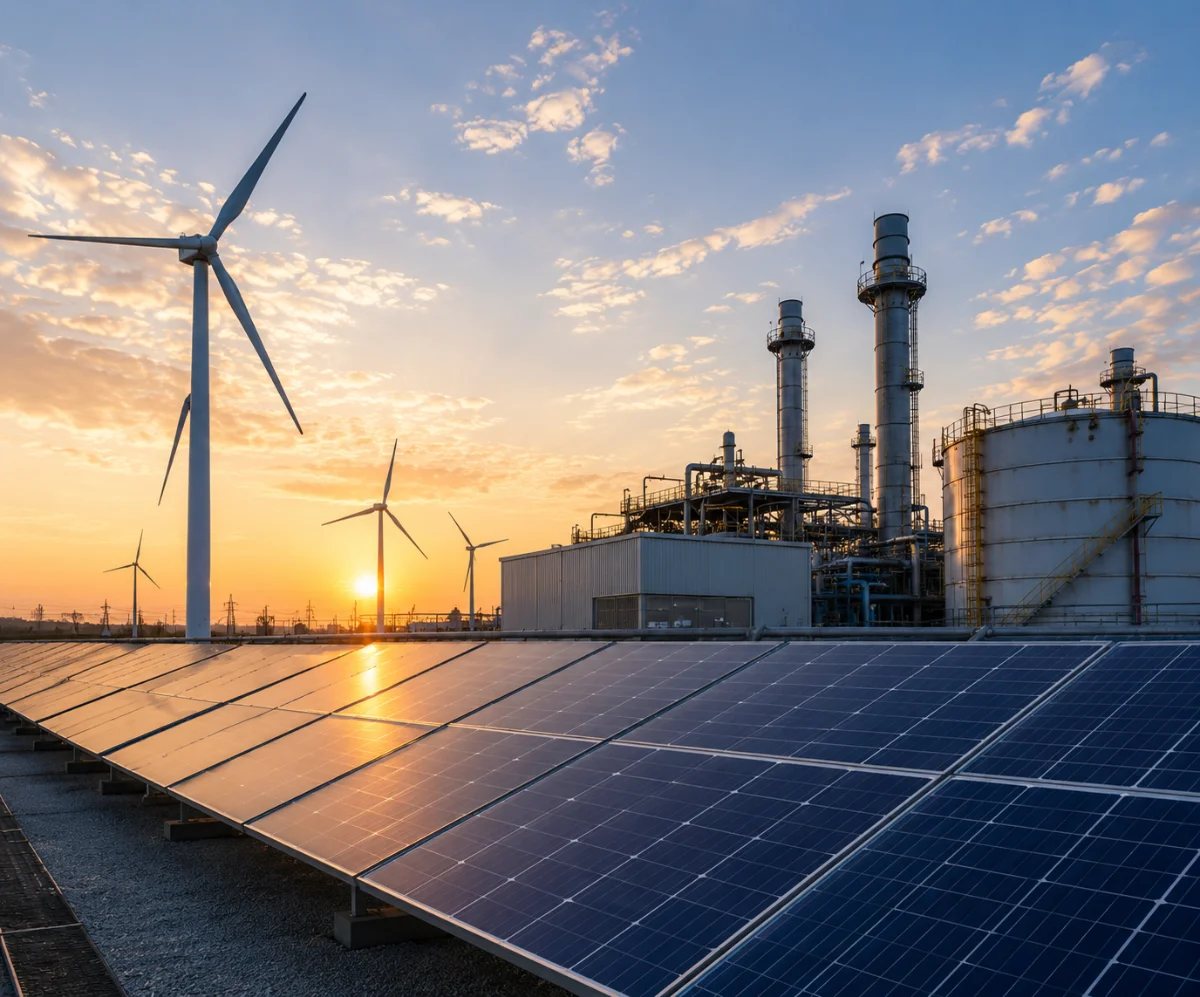 Solar array and wind turbines beside a power plant at sunset