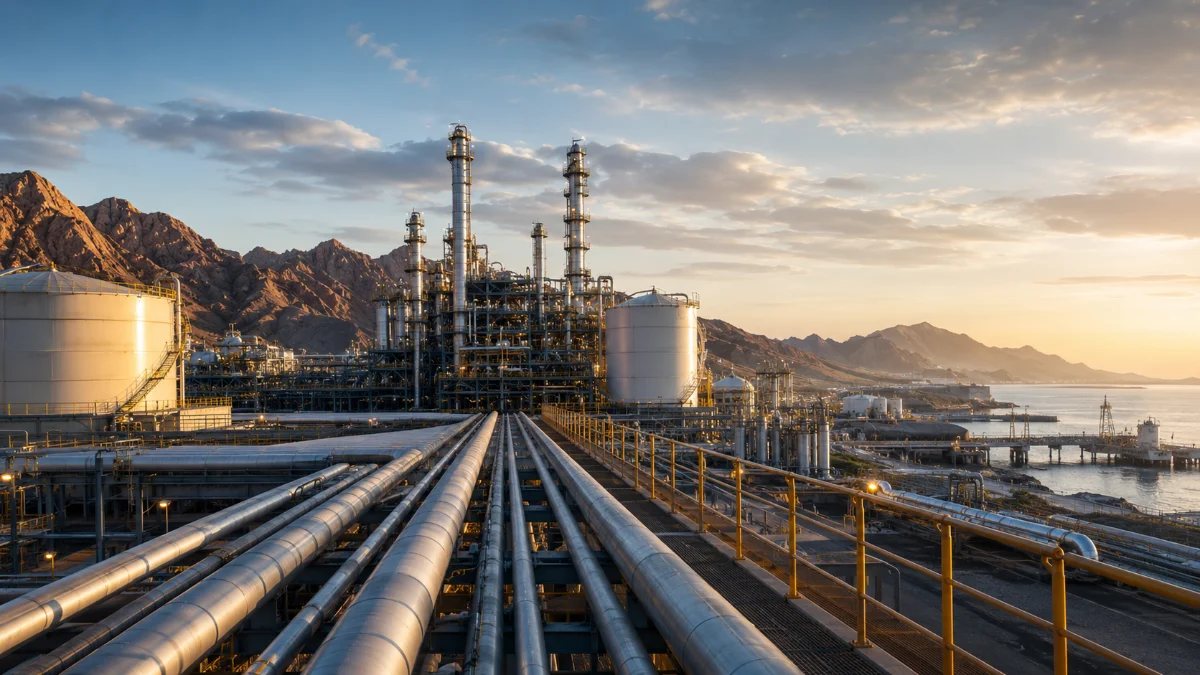 Refinery and pipeline infrastructure at sunrise