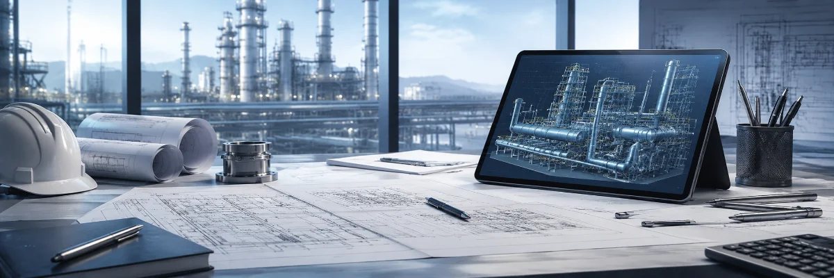 Engineering drawings and a 3D plant model on a design desk