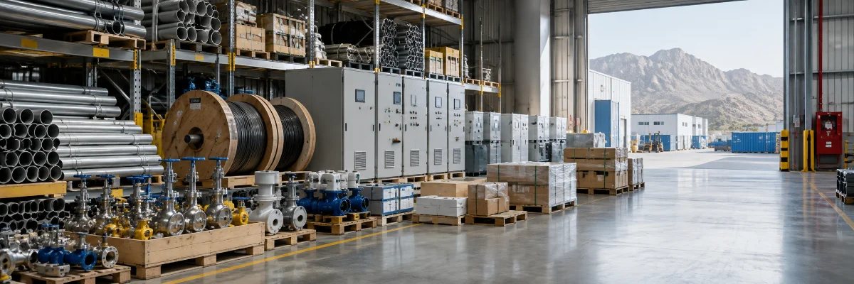 Industrial supplies and switchgear staged in a warehouse