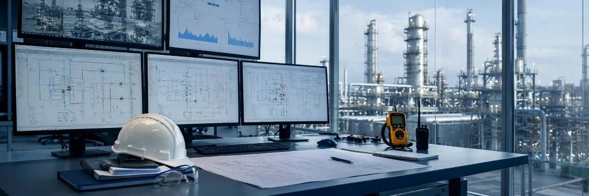 Process control screens overlooking a refinery
